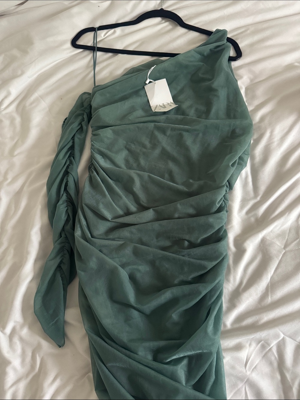 Zara One-Shoulder Ruched Sage Green Dress